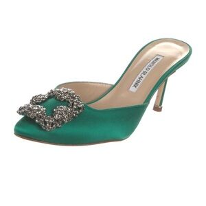 Manolo Blahnik Emerald Satin Crystal Buckle Mule
